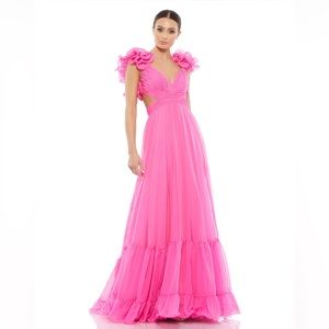MAC DUGGAL RUFFLE SHOULDER LACE UP GOWN SIZE 2 (Hot Pink)